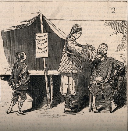 A street tooth-drawer on his stall extracting a tooth from a patient. Wood engraving after C. Fripp (?).
