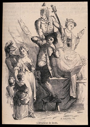 view A soldier on stage using a sword to extract a tooth from a man. Wood engraving by F. Grenan, 1852.