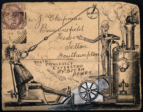 A scientist using a steam machine with pulley to extract a tooth from a man. Pen drawing by C.E.H., 1894.