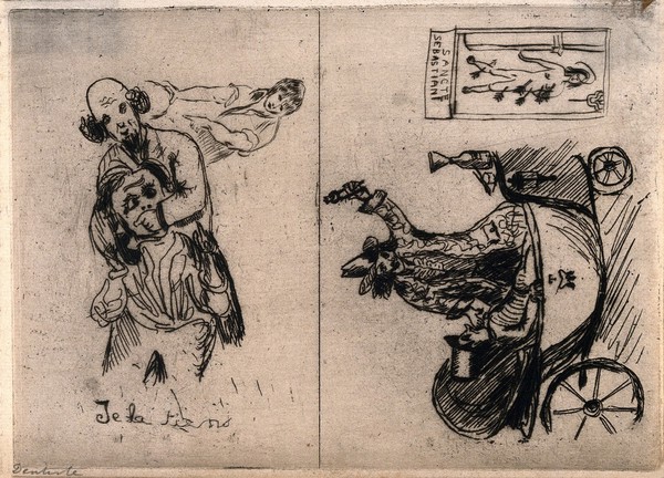 A tooth-drawer extracting a man's tooth and another tooth-drawer extracting a tooth in a carriage. Drypoint.