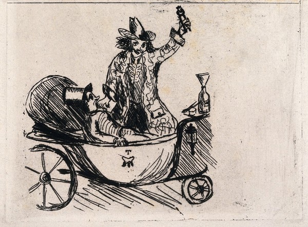 An elaborately dressed travelling tooth-drawer extracting a tooth in a carriage from a patient. Drypoint.