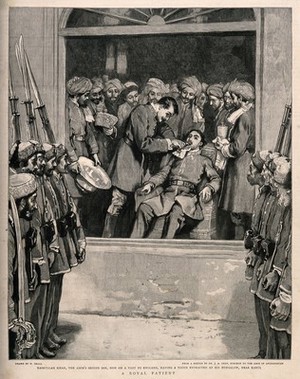 view Nashrullah Khan (son of the Amir of Afghanistan) having a tooth extracted in front of the soldiers of his father's army. Wood engraving after W. Small after J.A. Gray.