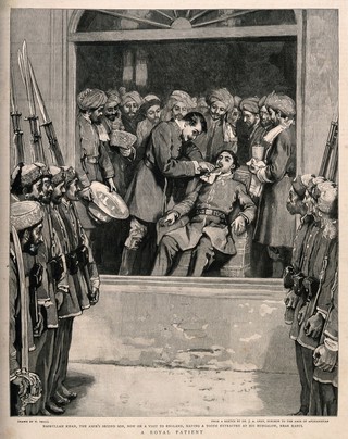 Nashrullah Khan (son of the Amir of Afghanistan) having a tooth extracted in front of the soldiers of his father's army. Wood engraving after W. Small after J.A. Gray.