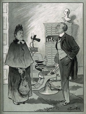 view A nervous elderly lady in a dental surgery clutching her bag and looking suspiciously at the dentist. Pen drawing by S. Wood.