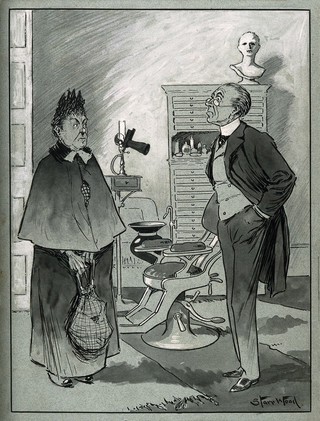 A nervous elderly lady in a dental surgery clutching her bag and looking suspiciously at the dentist. Pen drawing by S. Wood.