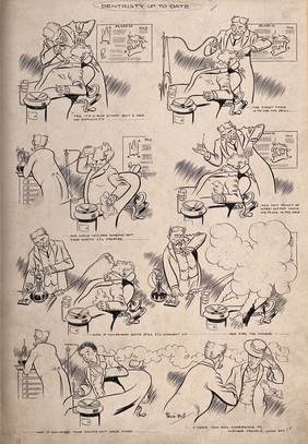 Dental extraction involving drilling and electrically-detonated explosives: eight vignettes. Pen drawing by R. Bull.