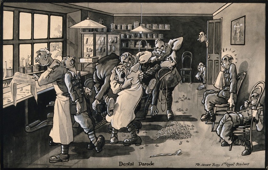 A military dental surgery where soldiers have their teeth extracted extremely quickly, whilst others are waiting for their operations. Pen drawing by H. Bury.