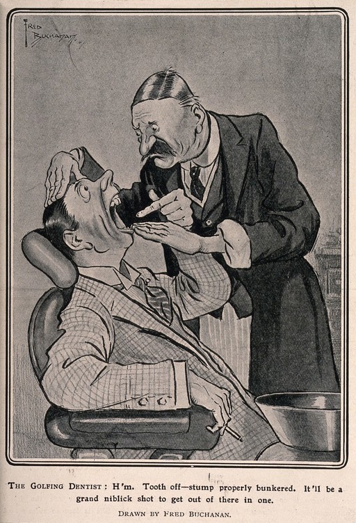A golf-obssessed dentist examining a patient's mouth and using golfing terminology to describe his problems. Reproduction of drawing after F. Buchanan.