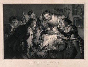 view A tooth-drawer in his practice extracting a tooth from a seated patient who is surrounded by friends and family holding candles. Lithograph by F. Hanfstaengl after G. van Honthorst.