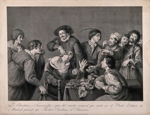 view A troupe of travelling performers including a toothdrawer. Line engraving by M. Salvador Carmona, 1805, after T. Rombouts.