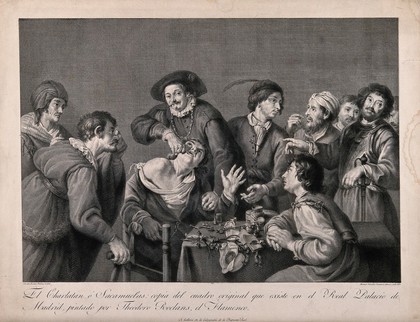 A confident tooth-drawer extracts a tooth from a seated patient, they are surrounded by a curious audience. Line engraving by M. Salvador, 1805, after T. Rombouts.