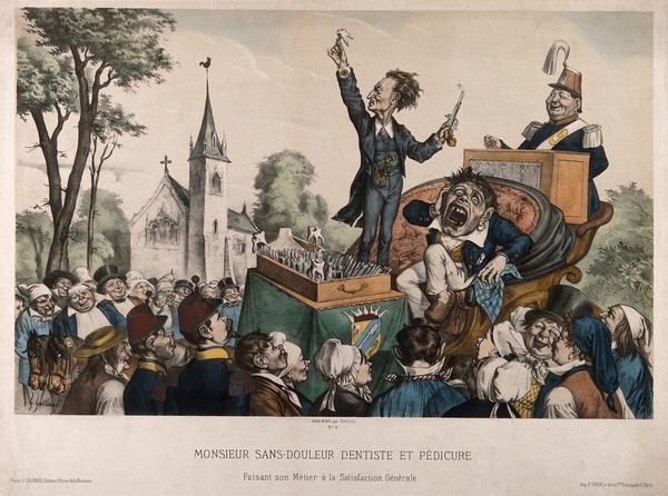 A travelling tooth-drawer holding a tooth up in the air to an audience after extracting it from a howling patient who is seated next to him in a carriage. Coloured lithograph by G. Gostiaux.