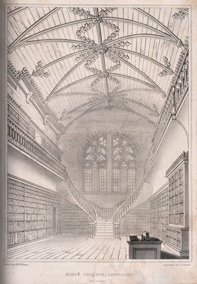 Interior of Kings College library, Aberdeen, which also shows the architectural detail of the ceiling. Engraving by G.B. Smith after R.W. Billings.