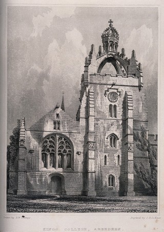 Facade of the church at Kings College, Aberdeen. Engraving by J.H. Le Keux after R.W. Billings.