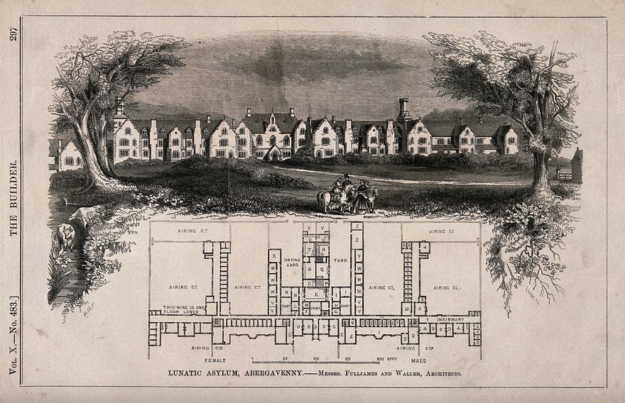 Facade, grounds and floor plan of the lunatic asylum, Abergavenny. Engraving by C.D. Laing after B. Sly after Fulljames and Waller.