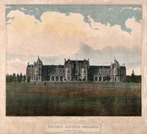 view Facade and grounds of Prince Alfred college, Adelaide. Coloured lithograph by Phillip - Stephan.