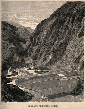 Mountain side view of the Terrace-cisterns at Aden. Wood engraving.