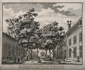 view Courtyard view with trees of the Leper Hospital, Amsterdam. Etching by W. Writs, 1768, after J. de Beyer, 1765.