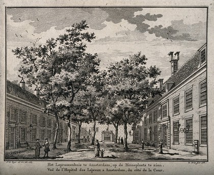 Courtyard view with trees of the Leper Hospital, Amsterdam. Etching by W. Writs, 1768, after J. de Beyer, 1765.