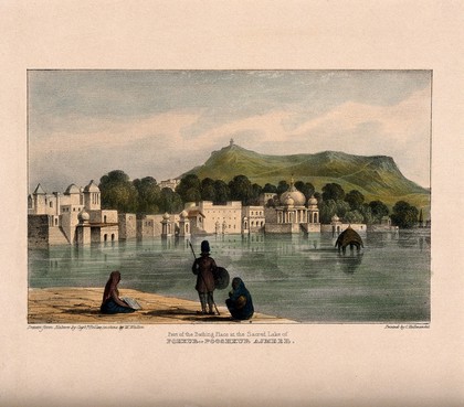 The bathing ghats at Pushkar, near Ajmer, Rajasthan, India. Coloured lithograph by W. Walton after Captain Bellen.