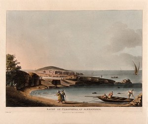 view Boatmen at the Baths of Cleopatra at Alexandria, Egypt. Coloured aquatint by T. Milton after L. Mayer, 1802.