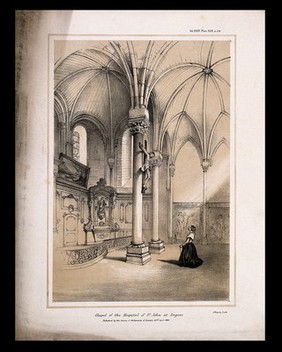 Interior of the chapel at the Hospital of St. John, Angers, Maine-et-Loire, France. Lithograph by J. Basire, 1852.