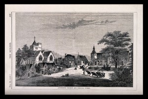 view The village of Angmering, Sussex, showing the church and schools. Wood engraving by W.E. Hodgkin, 1856, after B. Sly.