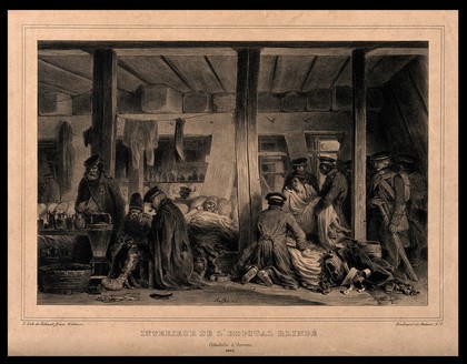 Interior of l'hopital Blindé, Antwerp, with army patients and wounded men. Lithograph by D. Raffet, 1832.