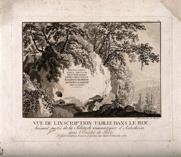 Place of natural outstanding beauty with a rock bearing an inscription in Arlesheim, Switzerland. Aquatint by W.F. Gmelin, 1786.
