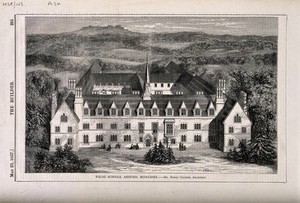 view Bird's-eye view of the Welsh school and its grounds, Ashford, Middlesex. Wood engraving by C.W. Sheeres, 1857, after B. Sly after H. Clutton.