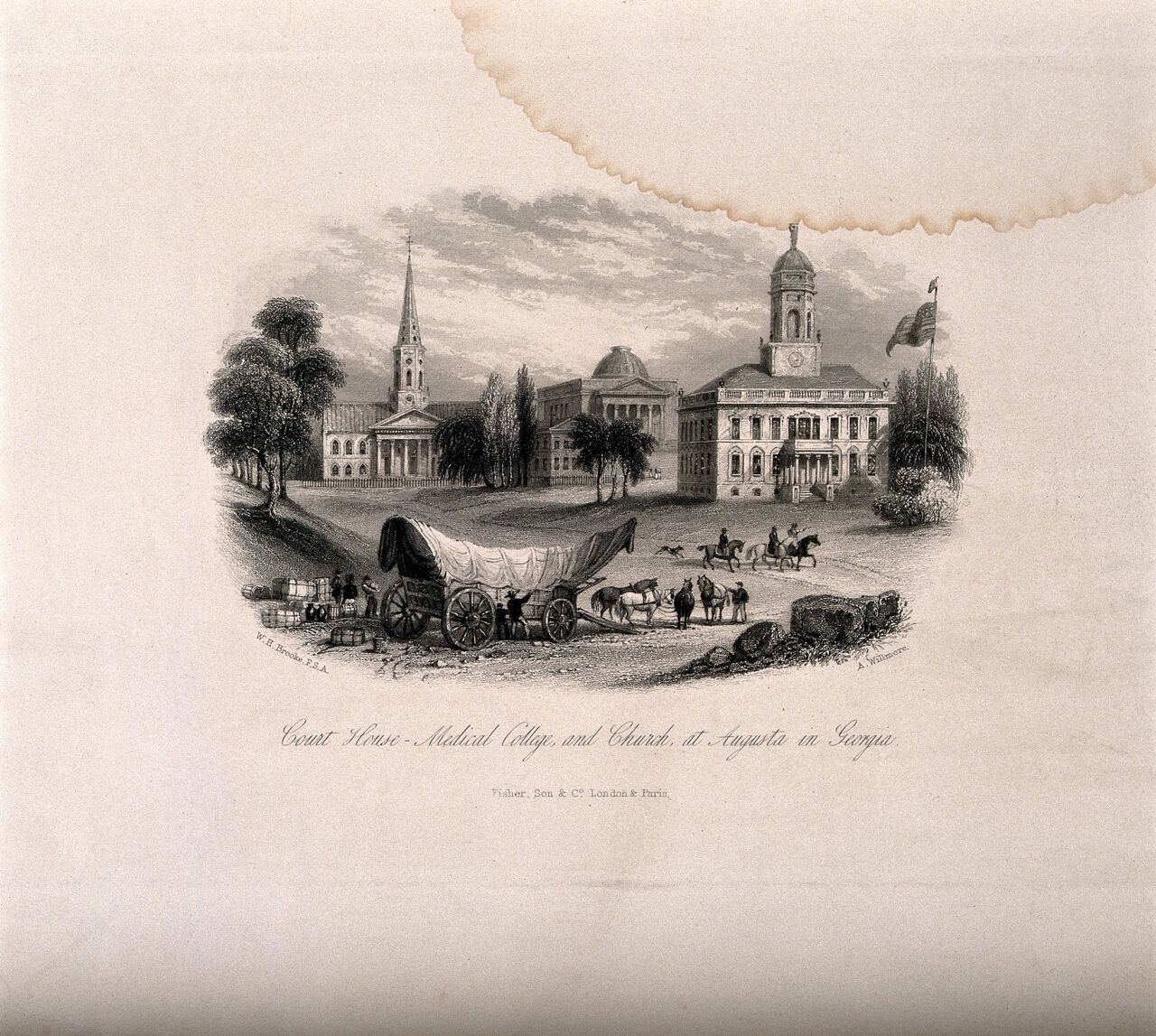 Court house, Medical college, church, Augusta, Georgia, with figures, horses and cart. Steel engraving by A. Willmore after W.H. Brooke., by William Henry Brooke