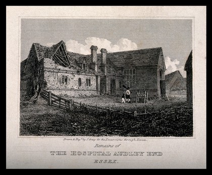 Ruins of Audley End hospital, Essex. Engraving and drawing by J. Greig, 1818.