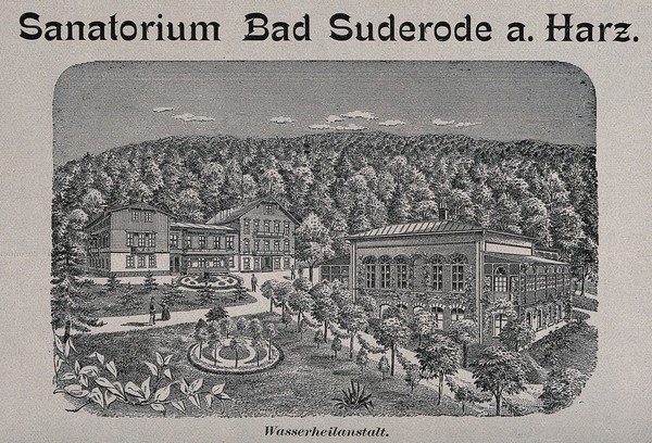 Mountainous view of Sanatorium Bad Suderode in the Harz mountains, Germany. Reproduction of a drawing.