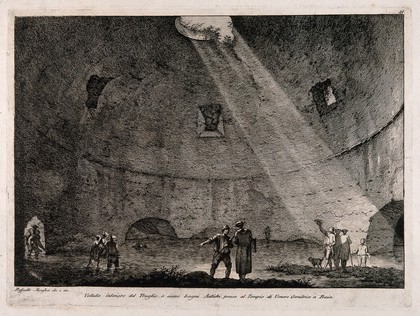 Panoramic interior of Truglio, the Ancient baths near the Temple of Venere Genitrice, Baia. Etching by R. Morghen after himself.