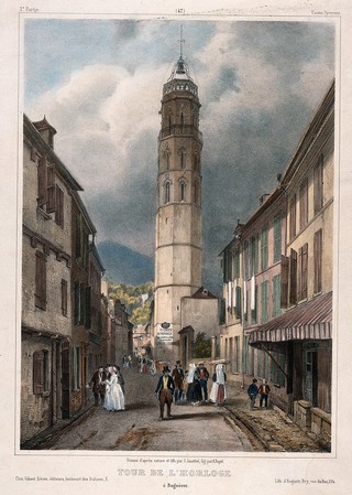Bagnères de Bigorre, Pyrenees: view looking along the Rue de l'Horloge to the Tour des Jacobins (tower). Coloured lithograph by J. Jacottet and A. Bayot, 1842.