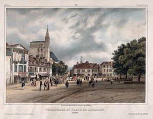 view Bagnères de Bigorre, France: the Allée des Coustous, approaching Place Lafayette with the church of Saint Vincent on the left. Coloured lithograph by J. Jacottet and A. Bayot, 1842.