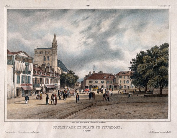 Bagnères de Bigorre, France: the Allée des Coustous, approaching Place Lafayette with the church of Saint Vincent on the left. Coloured lithograph by J. Jacottet and A. Bayot, 1842.
