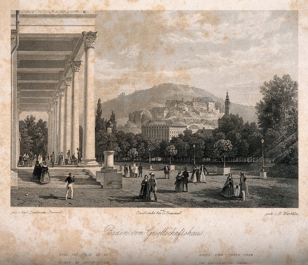 Society meeting place, Baden, Germany, with a view of the town in the background. Line engraving by F. Würthle after K. Lindemann-Frommel.