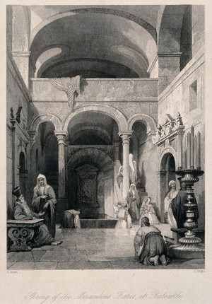 view Interior of a Turkish temple with the shrine of the Spring of the Miraculous Fishes, Baloukli. Engraving by J. Tingle after T. Allom.