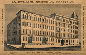 view Maryland General Hospital, Baltimore. Wood engraving by H.W. Kramer.