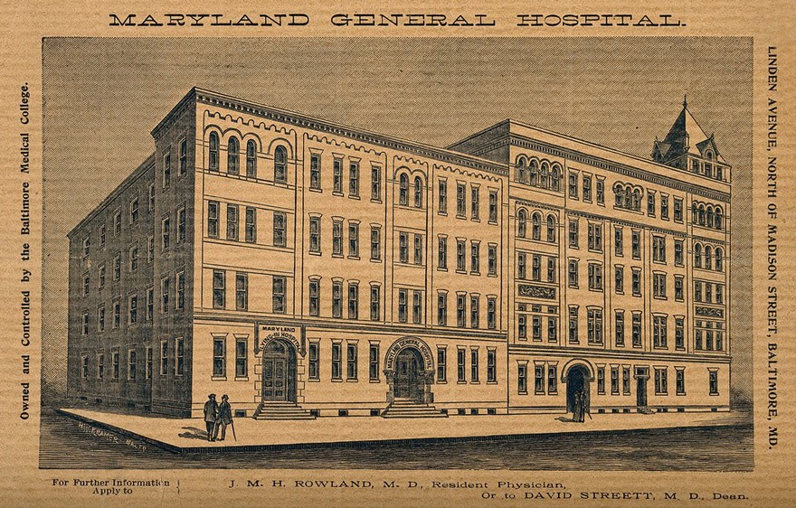 Maryland General Hospital, Baltimore. Wood engraving by H.W. Kramer.