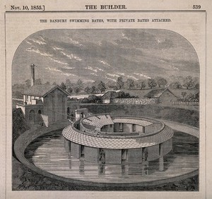 view Bird's-eye view of Banbury swimming baths, private baths with a ground plan and key. Wood engraving after B. Sly, 1855.