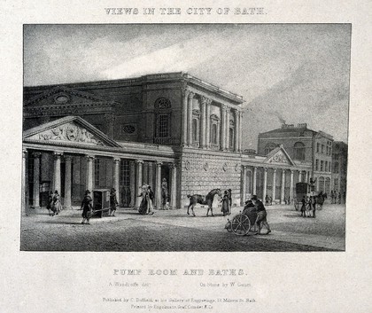 A busy street scene with the baths and pump room, Bath. Lithograph by W. Gauci after A. Woodroffe.