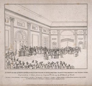 view The Queen's levée and society figures drinking the waters in the pump room with a key to important society figures, Bath. Line engraving by W.J. Alais, 1817, after Mr. Marsh.