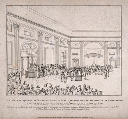 The Queen's levée and society figures drinking the waters in the pump room with a key to important society figures, Bath. Line engraving by J. Alais, 1817, after Mr. Marsh.