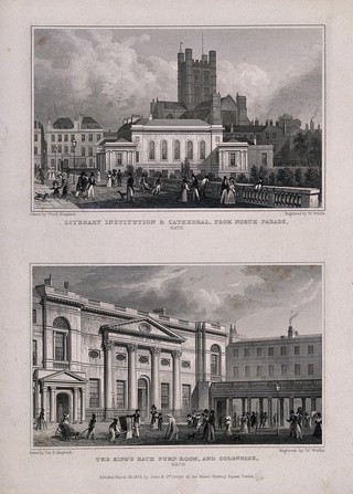 The road entering Bath from the south side of the bridge. Steel engraving by J.B. Allen, 1829, after T.H. Shepherd.