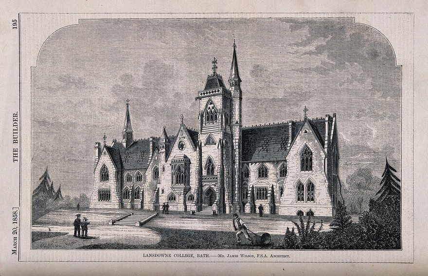 Lansdowne college and surrounding grounds, Bath. Wood engraving by W.E. Hodgkin, 1858, after J. Wilson.