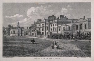 view The asylum and front grounds, Bath. Steel engraving after S.C. Jones.
