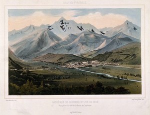 view Landscape mountain view of Bagnères de Bigorre at midday. Coloured lithograph by V. Petit after himself.