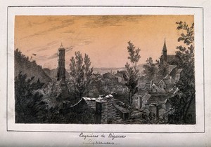 view Cityscape of Bagnères de Bigorre, Pyrénees. Coloured pencil drawing.